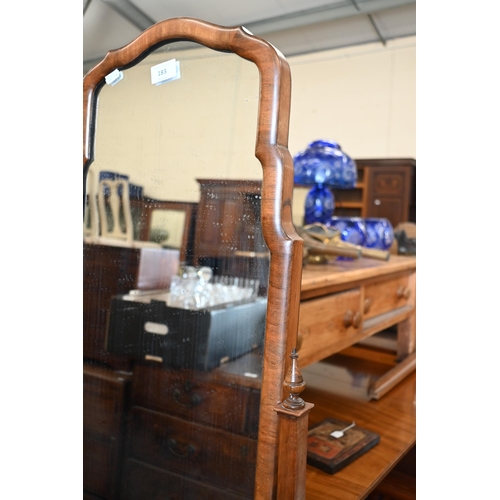 183 - A Queen Anne style walnut framed cheval mirror, 160 cm high x 42 cm wide