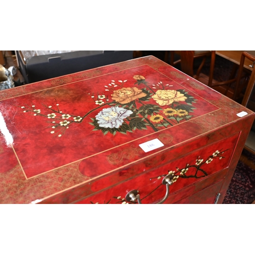 186 - A modern Chinese red lacquered side cabinet with gilt and polychrome floral decoration, 50 x 36 x 62... 