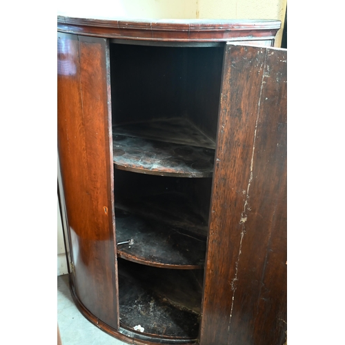 197 - A George III oak barrel front hanging corner cupboard with two doors, 70 cm wide x 98 cm high