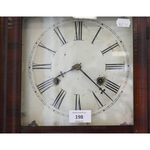 198 - # Antique walnut American ogee wall clock with 'Welch, Spring & Co' paper label c/w two weights ... 