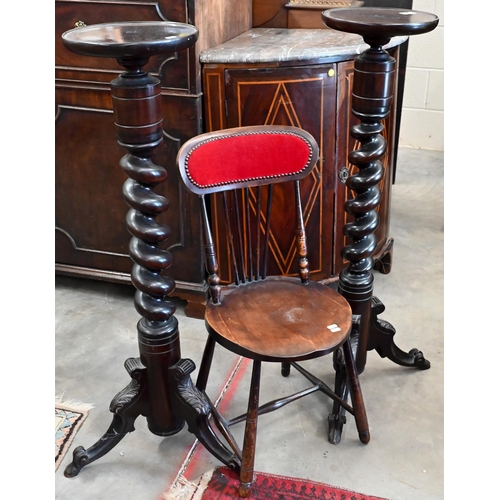 203 - A pair of mahogany barley-twist jardiniere stands to/w spindle back children's chair (3)