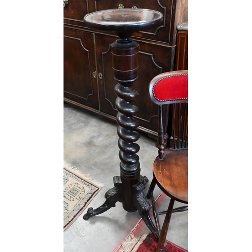 203 - A pair of mahogany barley-twist jardiniere stands to/w spindle back children's chair (3)