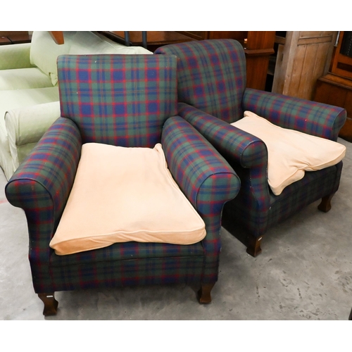 208 - A pair of tartan upholstered country house armchairs on oak supports