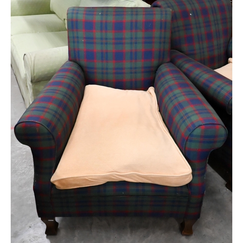 208 - A pair of tartan upholstered country house armchairs on oak supports