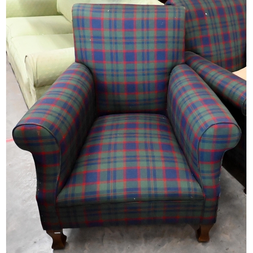 208 - A pair of tartan upholstered country house armchairs on oak supports