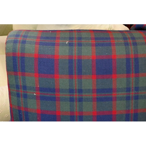 208 - A pair of tartan upholstered country house armchairs on oak supports