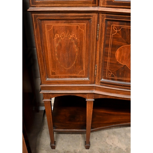 220 - An Edwardian Sheraton revival inlaid mahogany display cabinet on tapering square supports with spade... 