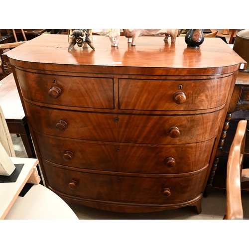 224 - A large Victorian mahogany bowfront chest of two short over three long drawers on splayed bracket fe... 