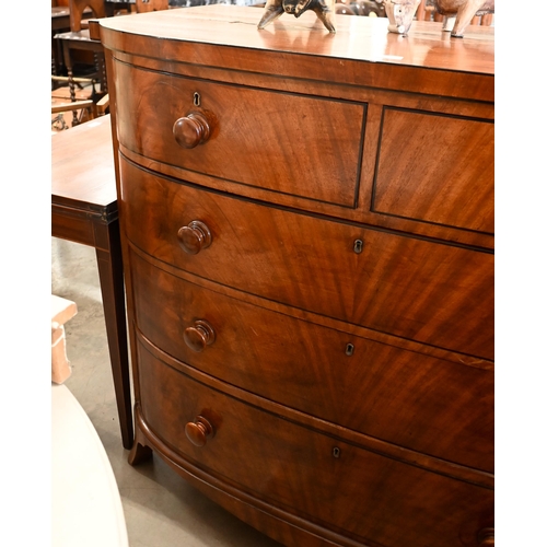 224 - A large Victorian mahogany bowfront chest of two short over three long drawers on splayed bracket fe... 