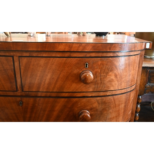 224 - A large Victorian mahogany bowfront chest of two short over three long drawers on splayed bracket fe... 