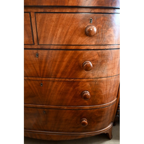 224 - A large Victorian mahogany bowfront chest of two short over three long drawers on splayed bracket fe... 