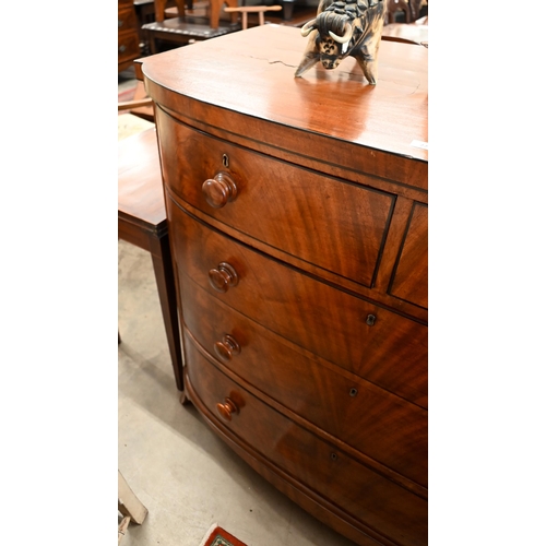 224 - A large Victorian mahogany bowfront chest of two short over three long drawers on splayed bracket fe... 