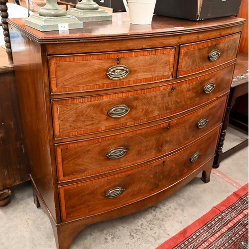 226 - A 19th century mahogany crossbanded bowfront chest of two short over three long drawers on bracket f... 