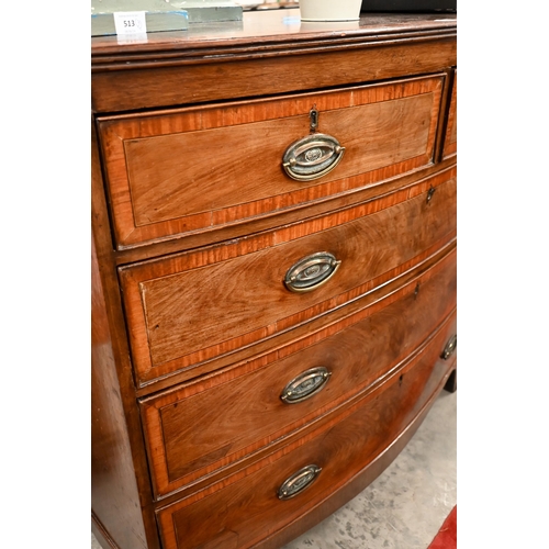 226 - A 19th century mahogany crossbanded bowfront chest of two short over three long drawers on bracket f... 