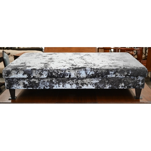 229 - A modern centre stool/coffee table, silver crushed velvet fabric raised on tapering square supports.... 