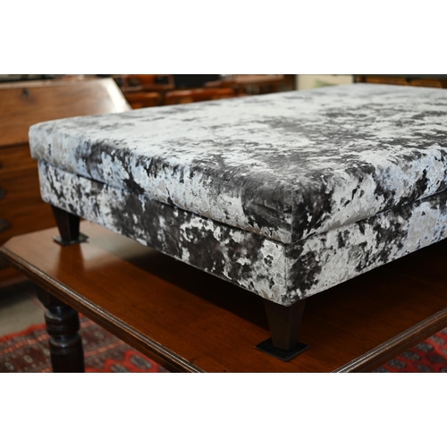 229 - A modern centre stool/coffee table, silver crushed velvet fabric raised on tapering square supports.... 