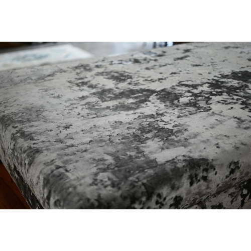 229 - A modern centre stool/coffee table, silver crushed velvet fabric raised on tapering square supports.... 