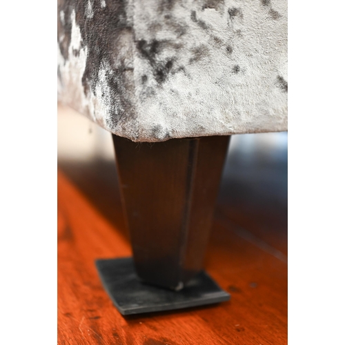 229 - A modern centre stool/coffee table, silver crushed velvet fabric raised on tapering square supports.... 