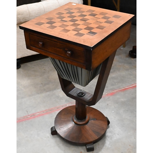 238 - A Regency rosewood and walnut sewing table with parquetry top, 40 x 40 x 76 cm high