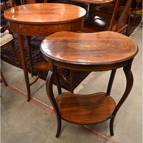 263 - # An Edwardian rosewood two-tier kidney shaped occasional table with inlaid musical instrument carto... 