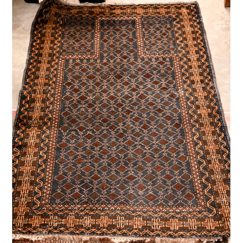 278 - Afghan red ground prayer rug, 156 x 80 cm to/w two Persian baluch rugs, 177 x 90 and 156 x 80 cm (3)