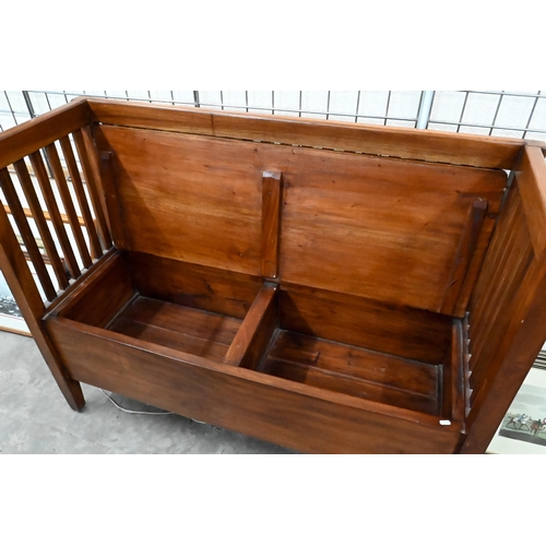 284 - A stained hardwood box seat settle with slatted back, 130 x 48 x 100 cm