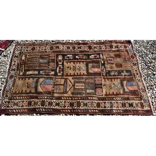 290 - An Afghan Balouch pictorial war rug with urban landscape design, 125 x 77 cm to/w Turkish geometric ... 