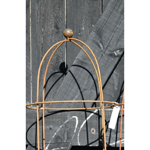 30 - A pair of weathered steel ball head garden obelisks, approx. 230 cm h x 43 cm dia (2)