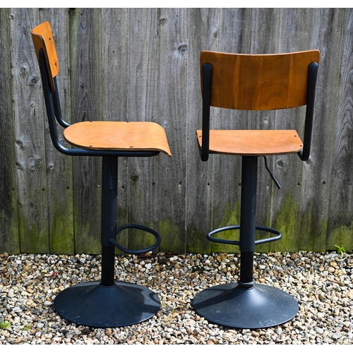 312 - A pair of matt black metal and plywood adjustable bar stools (2)