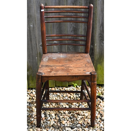 314 - A pair of antique ash and elm provincial side chairs to/w two circular painted occasional tables (4)