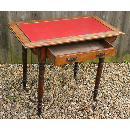 329 - A late 19th century single door oak desk, with red leather panelled top and raised on turned legs to... 