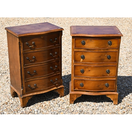 335 - Two differing reproduction bow-fronted bedside four drawer chests, raised on shaped bracket feet, 49... 