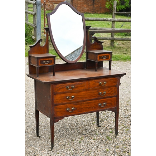 338 - An Edwardian inlaid satin walnut shield shaped mirror backed dressing chest, 107 cm x 50 cm x 162 cm