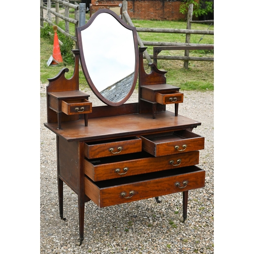 338 - An Edwardian inlaid satin walnut shield shaped mirror backed dressing chest, 107 cm x 50 cm x 162 cm