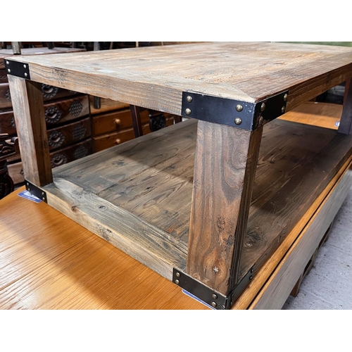 343 - # A rustic steel bound reclaimed pine two-tier coffee table, 120 cm x 70 cm x 40 cm h