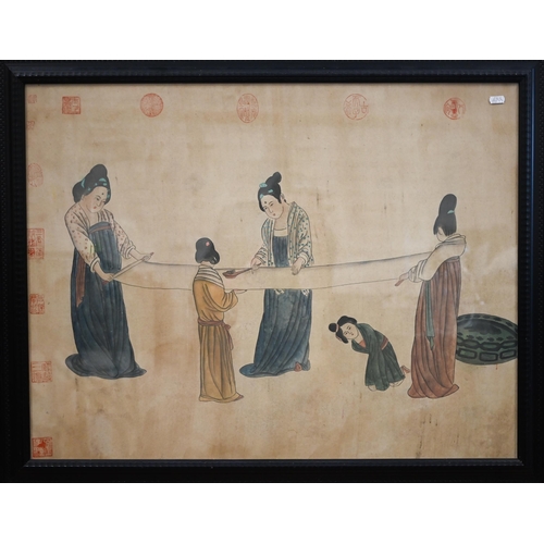 362 - A Chinese watercolour of ladies pressing silk, seal marks to edges, 60 x 77 c, to/w a Chinese waterc... 