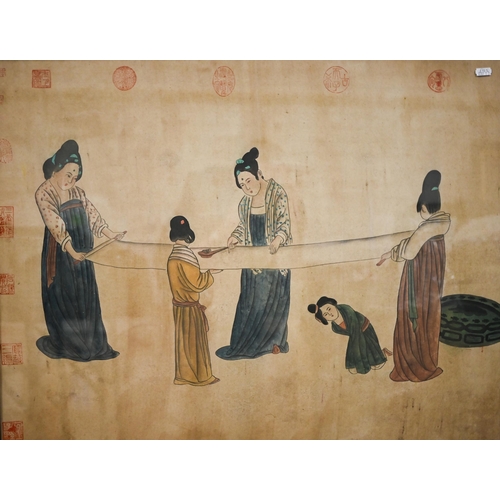 362 - A Chinese watercolour of ladies pressing silk, seal marks to edges, 60 x 77 c, to/w a Chinese waterc... 