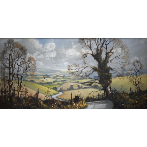 364 - Mark W Pike - Valley view, no 2452, oil on canvas, signed, 29.5 x 60 cm; and unsigned oil on canvas ... 