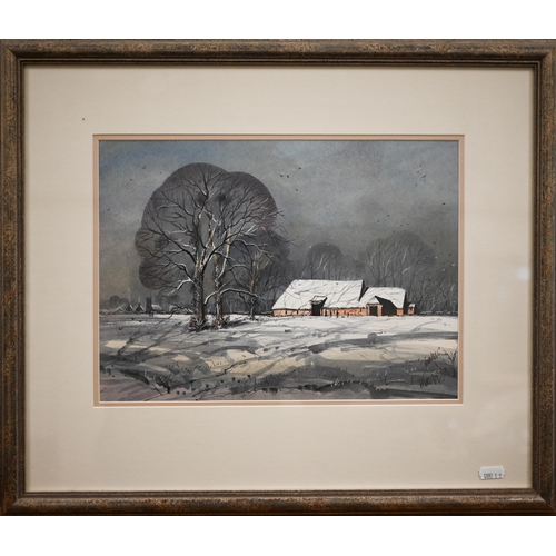 367 - # A winter landscape, watercolour, 24 x 33 cm; framed Castle/Players cigarette cards of jockeys on h... 