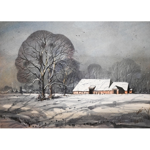 367 - # A winter landscape, watercolour, 24 x 33 cm; framed Castle/Players cigarette cards of jockeys on h... 