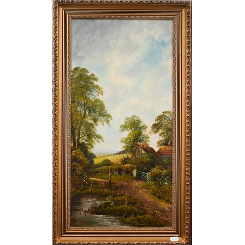 379 - A pair of pastoral views, oil on canvas, indistinctly signed and dated 1906, 60 x 29 cm (2)