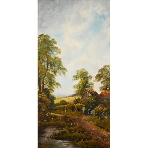 379 - A pair of pastoral views, oil on canvas, indistinctly signed and dated 1906, 60 x 29 cm (2)