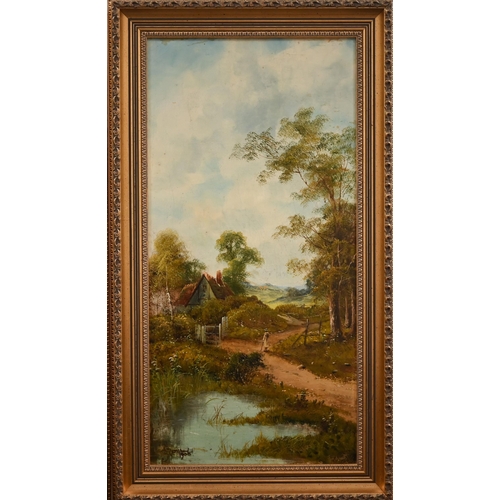 379 - A pair of pastoral views, oil on canvas, indistinctly signed and dated 1906, 60 x 29 cm (2)