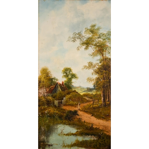 379 - A pair of pastoral views, oil on canvas, indistinctly signed and dated 1906, 60 x 29 cm (2)