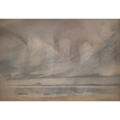 380 - Leonard Evetts - The Bamburgh Coast from Holy Island, watercolour, signed and dated 1982, 18.5 x 26.... 