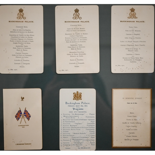 381 - # A collection of framed Buckingham Palace and 10 Downing Street menu cards, dated for the Coronatio... 