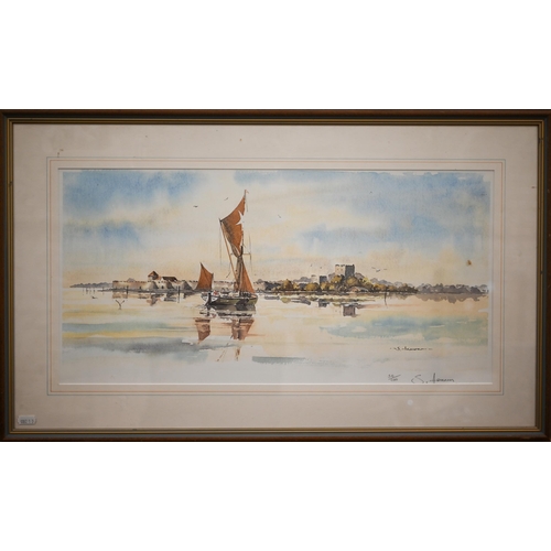 384 - Christopher Hollick - Sailing off the Solent, watercolour, signed, 30.5 x 52 cm; ltd ed print of coa... 