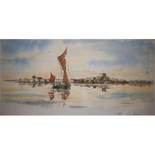 384 - Christopher Hollick - Sailing off the Solent, watercolour, signed, 30.5 x 52 cm; ltd ed print of coa... 