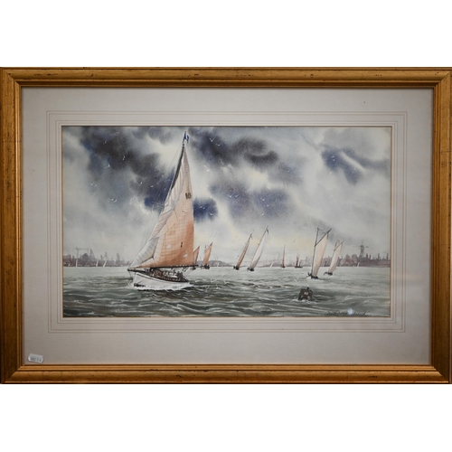 384 - Christopher Hollick - Sailing off the Solent, watercolour, signed, 30.5 x 52 cm; ltd ed print of coa... 