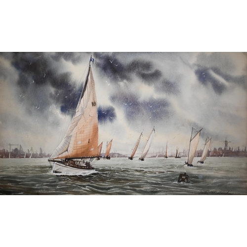 384 - Christopher Hollick - Sailing off the Solent, watercolour, signed, 30.5 x 52 cm; ltd ed print of coa... 